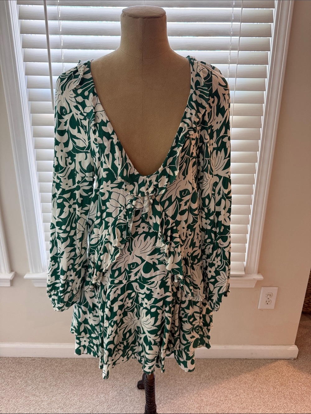 Free People Emerald & White Floral V-Neck Tie Front Dress